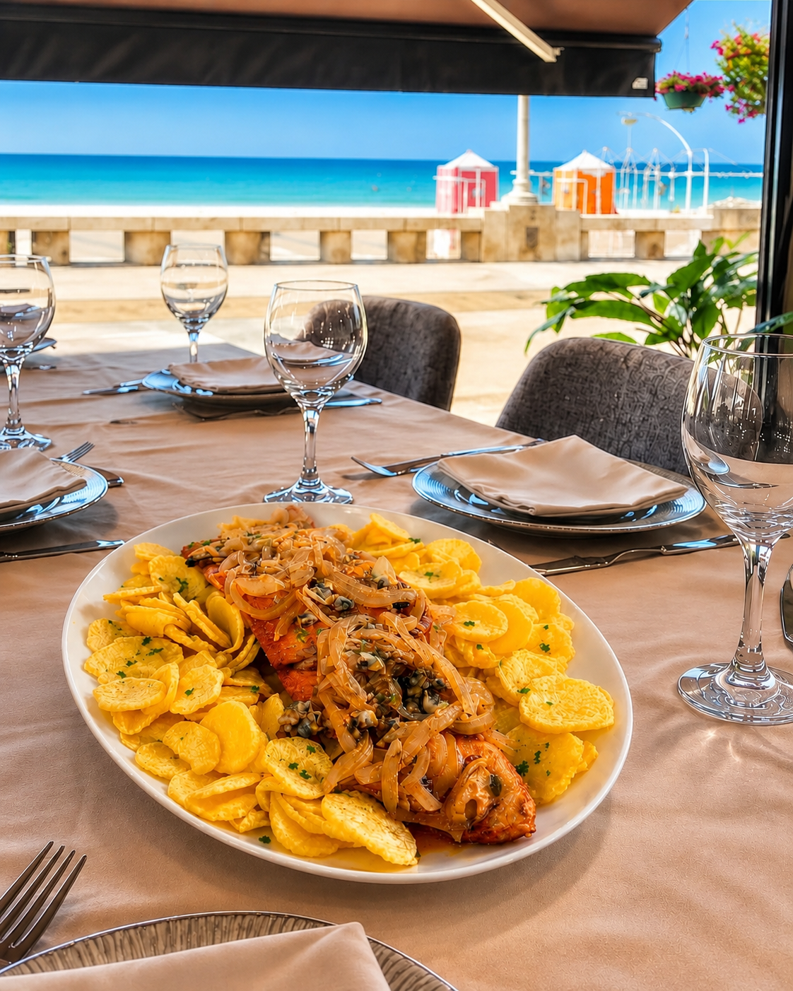 Bacalhau à pescador servido à mesa com vista para a praia